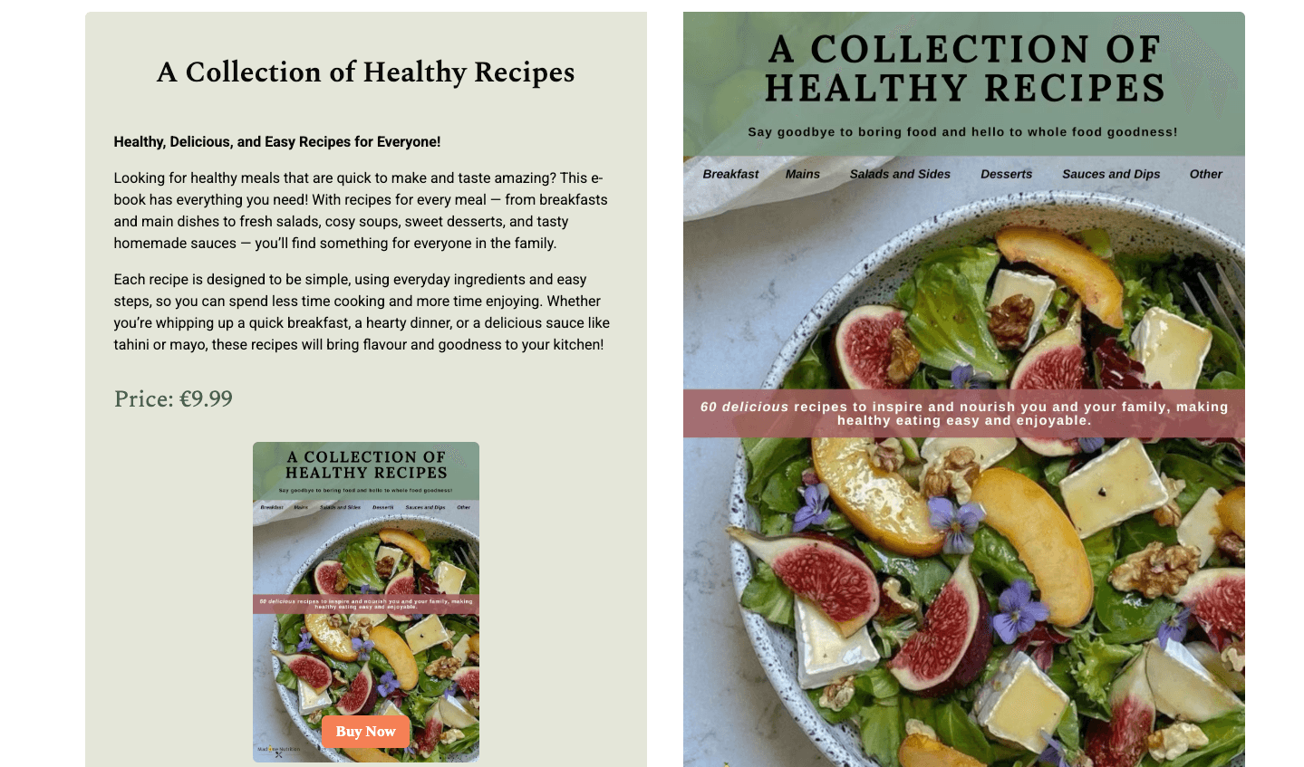 Paid digital products — recipe books and wellness guides sold directly through Stripe Checkout, delivered instantly after payment.